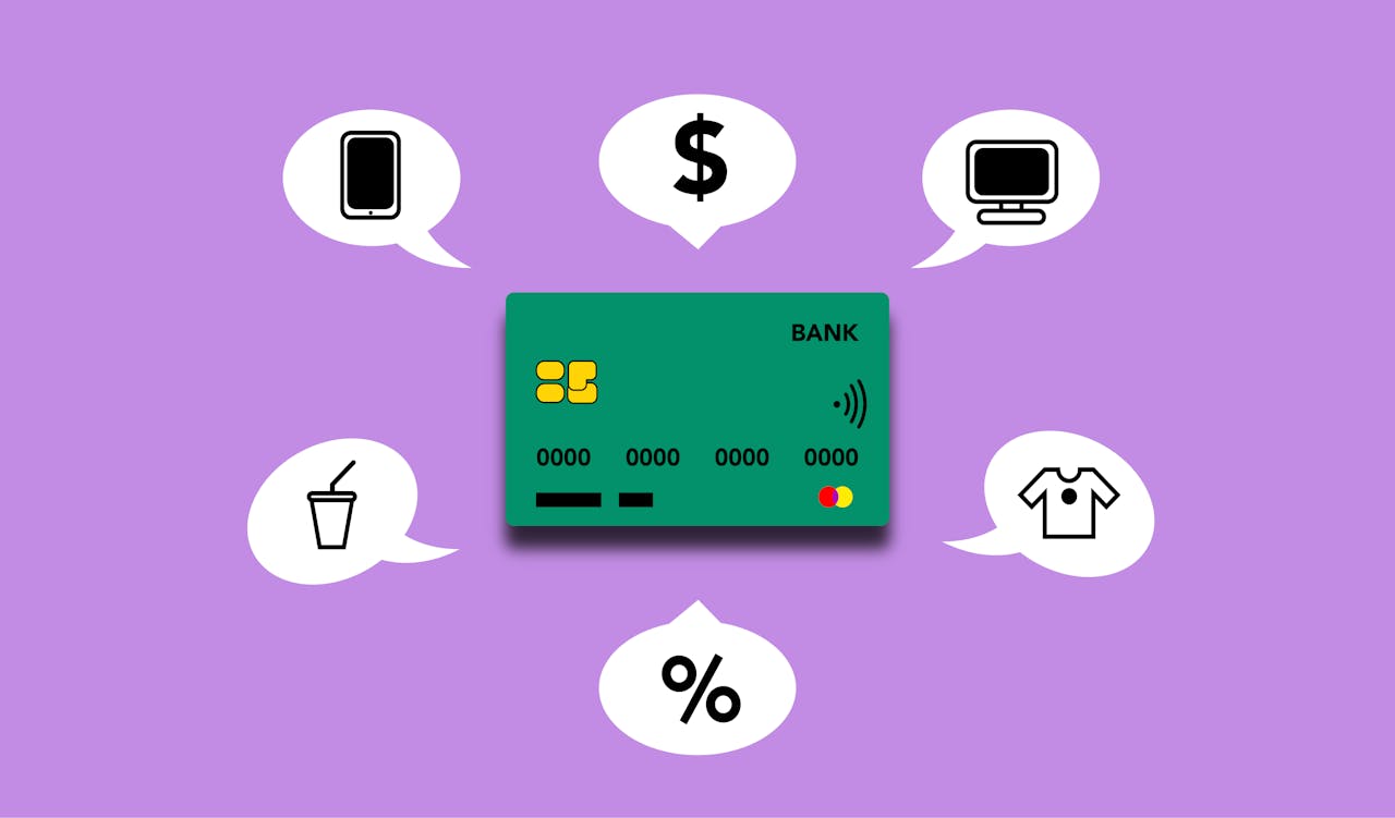 Bank credit card for paying for mobile connection and television making purchases receive percents and withdraw cash